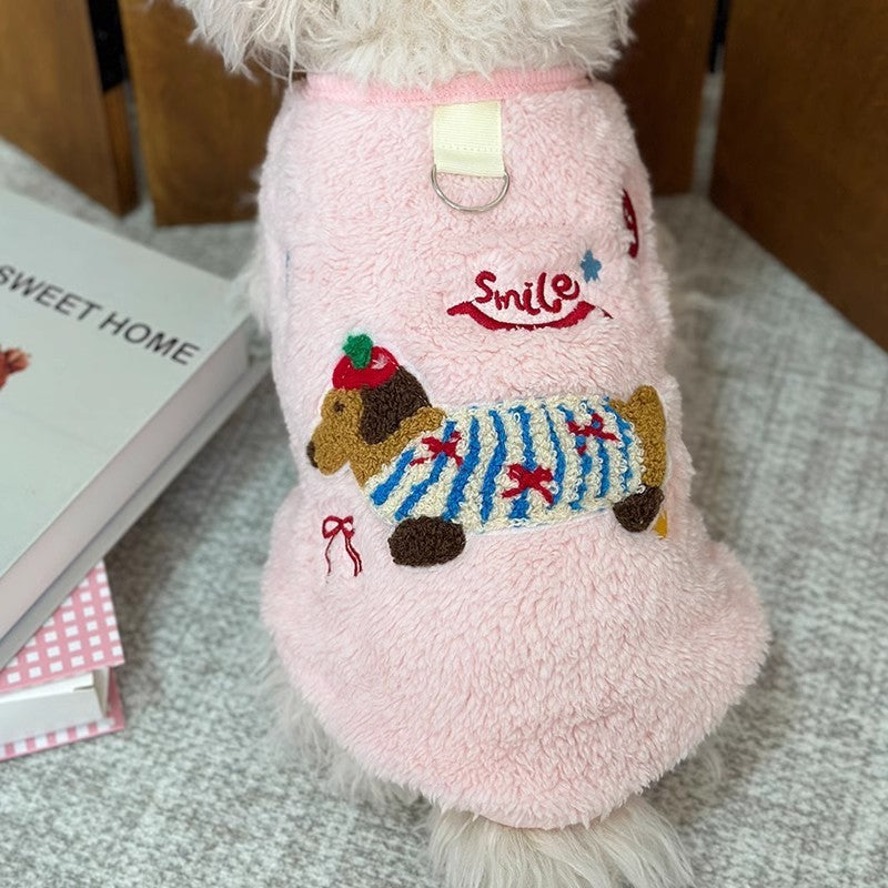 HKM-4363709 Dog Warm Embroidered Casual Traction Top in Blue, Pink, and White - Sizes S to XL