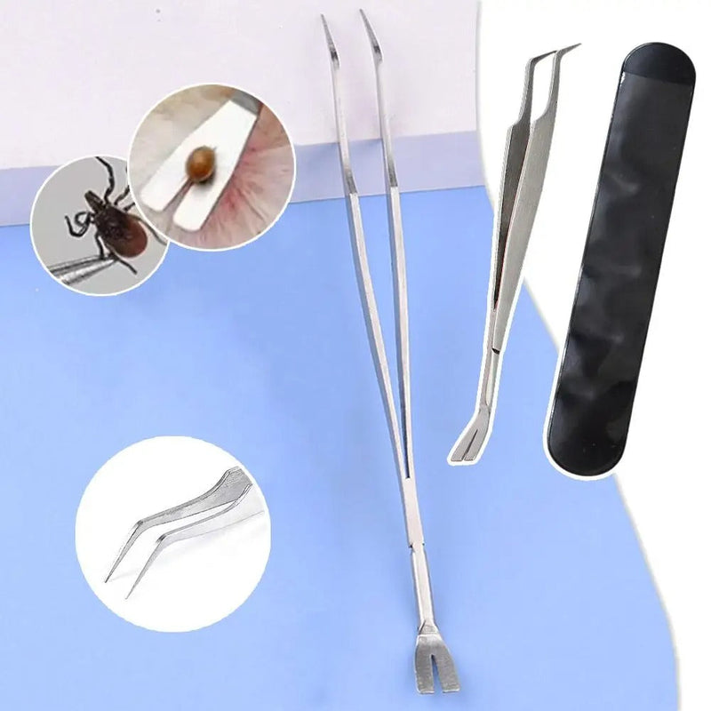 HKM-4370365 Stainless Steel Tick Removal Tweezers for Dogs and Cats with Black PVC Bag