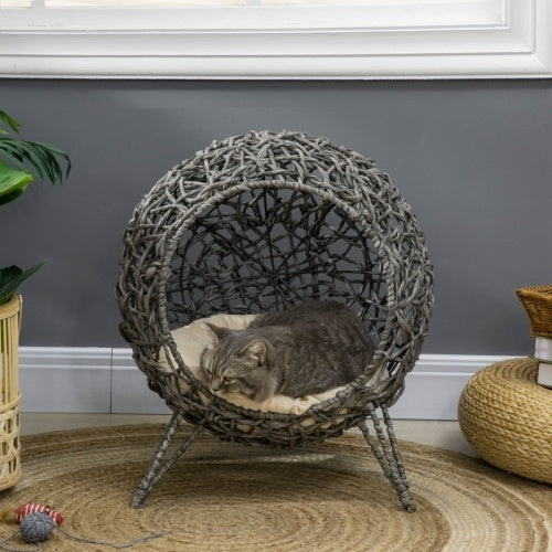 HKM-437139 Rattan Elevated Cat Bed House with Removable Cushion - Silver-Tone and Grey, Ball-Shaped Design