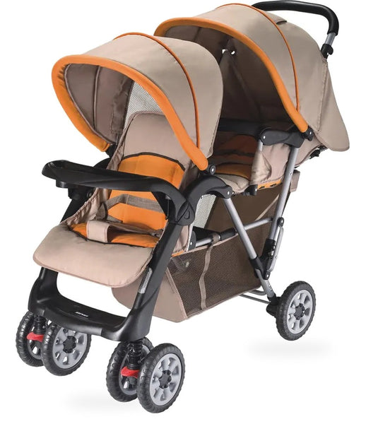 HKM-4371795 Tandem Twin Stroller with Orange Accents Dual Canopies Child Tray Five-Point Harnesses and an Under-Seat Basket