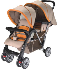 HKM-4371795 tandem twin stroller showcase in tan with orange accents