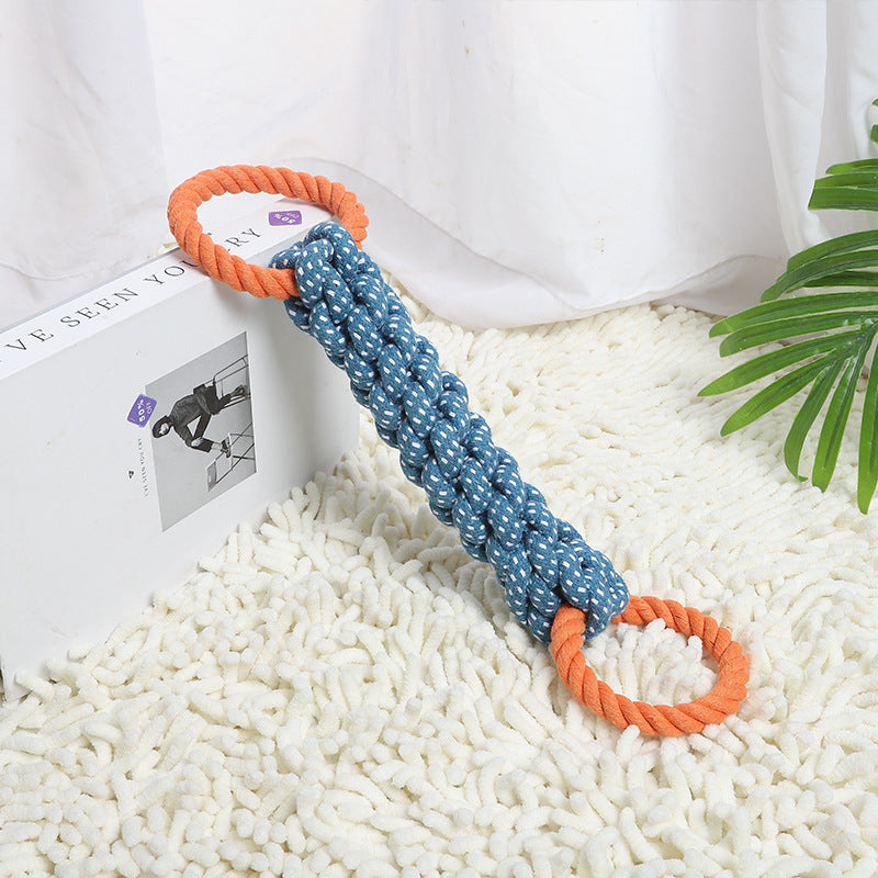 HKM-4372157 Durable Double-Ring Cotton Knot Chew Toy for Dogs - Tooth Cleaning Braided Rope Teething Toy