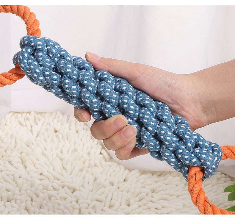 HKM-4372157 Durable Double-Ring Cotton Knot Chew Toy for Dogs - Tooth Cleaning Braided Rope Teething Toy
