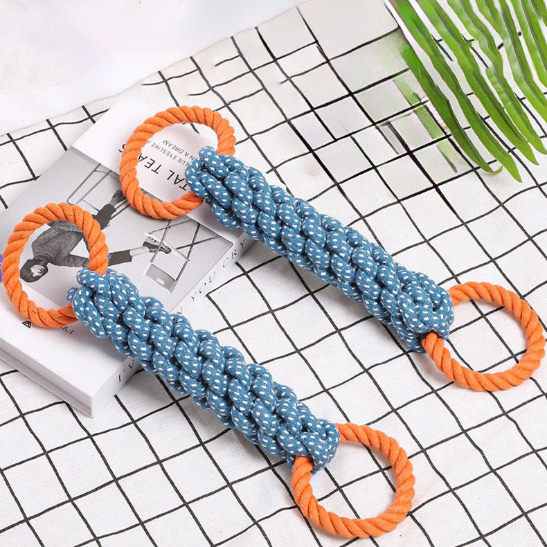 HKM-4372157 Durable Double-Ring Cotton Knot Chew Toy for Dogs - Tooth Cleaning Braided Rope Teething Toy