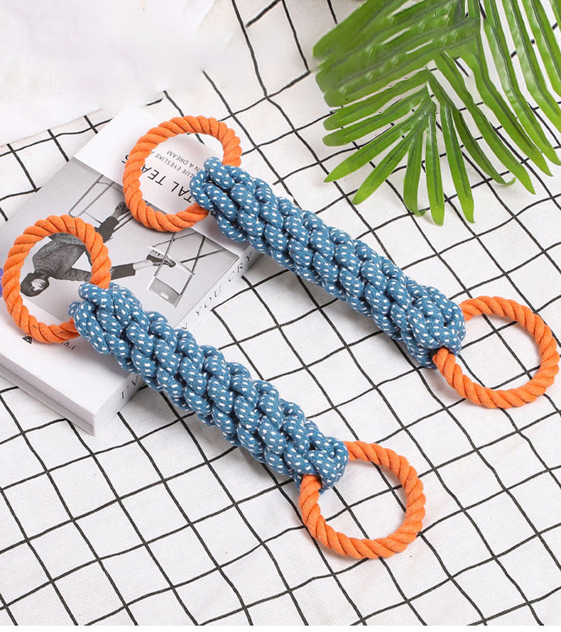HKM-4372157 Durable Double-Ring Cotton Knot Chew Toy for Dogs - Tooth Cleaning Braided Rope Teething Toy