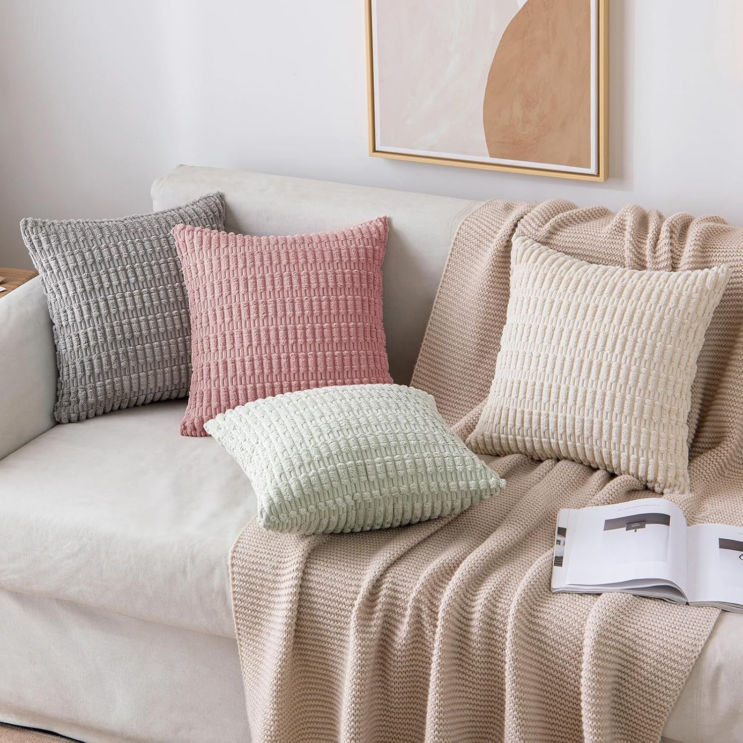 HKM-437267 Boho Striped Corduroy Throw Pillow Covers for Modern Farmhouse Christmas Home Decor
