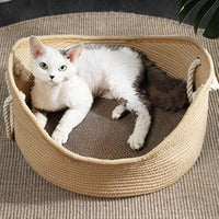 HKM-4377917 Spacious Wicker Cat Bed with Corrugated Scratching Surface - Cozy Nest for Cats