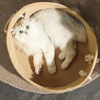 HKM-4377917 Spacious Wicker Cat Bed with Corrugated Scratching Surface - Cozy Nest for Cats