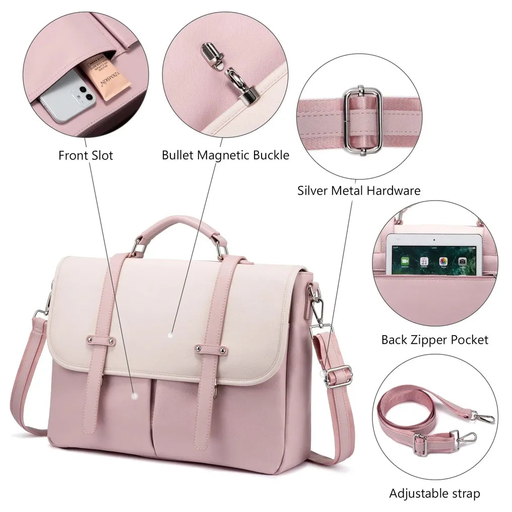 HKM-437843 15.6 Inches Multi-Pocket Leather Laptop Tote Bag for Women – Versatile Work and Shoulder Briefcase