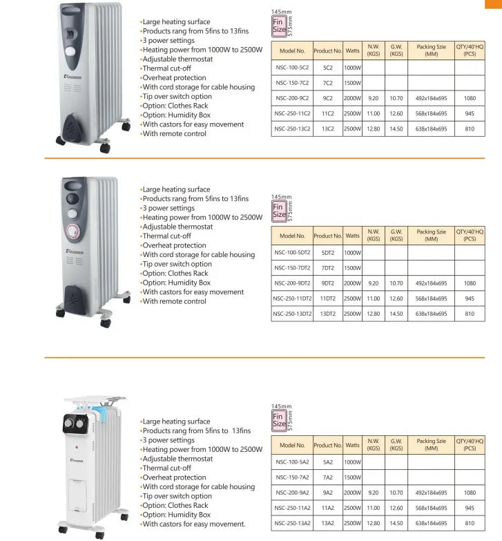 HKM-437907 Oil-Filled Radiator Heater with Adjustable Thermostat and Safety Features, 1500W, for Indoor Heating