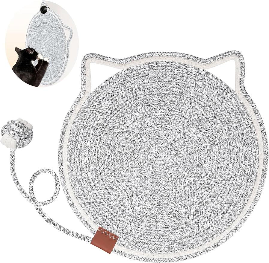 HKM-437971 Natural Cotton Rope Cat Scratcher Mat with Hanging Toy for Indoor Cats – Versatile Floor and Wall Protector
