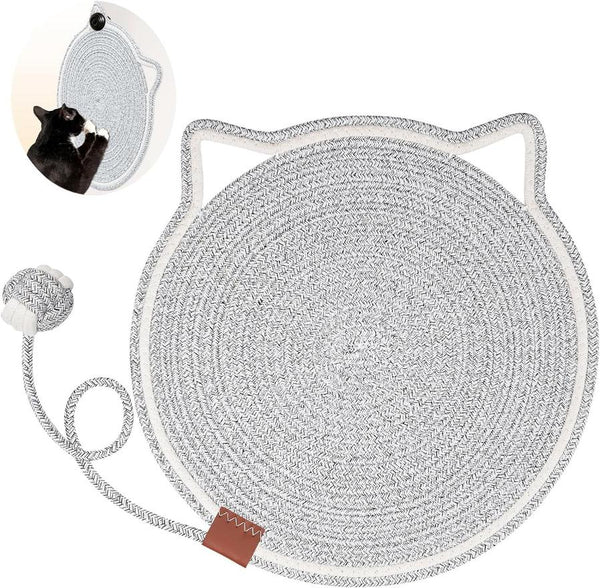 HKM-437971 Natural Cotton Rope Cat Scratcher Mat with Hanging Toy for Indoor Cats – Versatile Floor and Wall Protector