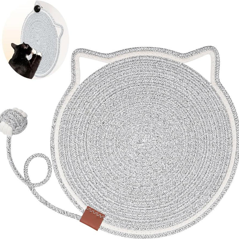 HKM-437971 Natural Cotton Rope Cat Scratcher Mat with Hanging Toy for Indoor Cats – Versatile Floor and Wall Protector