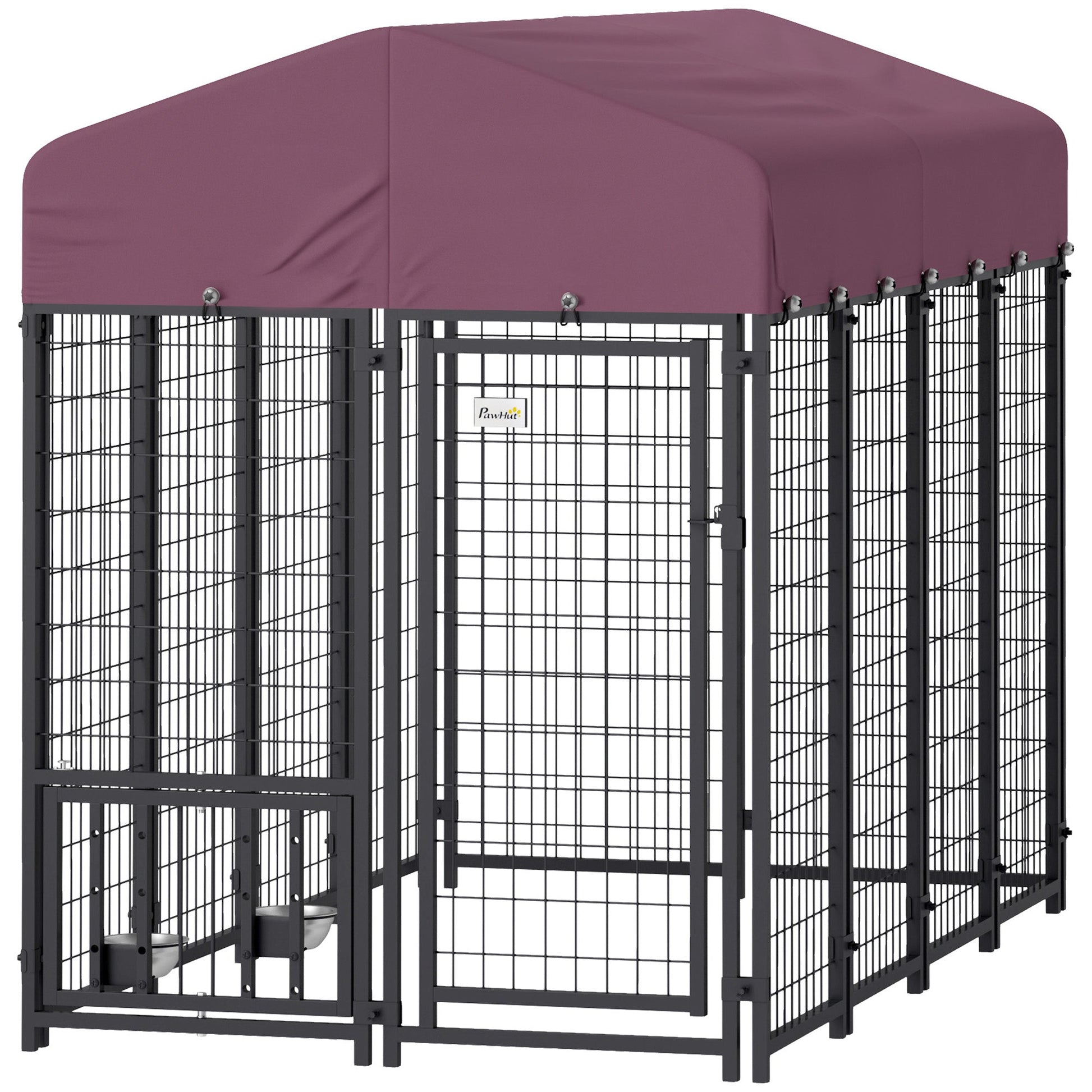 HKM-4384061 Spacious Outdoor Dog Kennel with Adjustable Feeding Bowls and Waterproof Cover, 7.9' x 4' x 6'