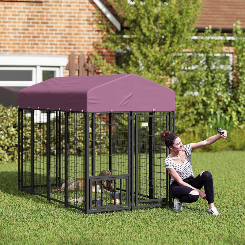 HKM-4384061 Spacious Outdoor Dog Kennel with Adjustable Feeding Bowls and Waterproof Cover, 7.9' x 4' x 6'