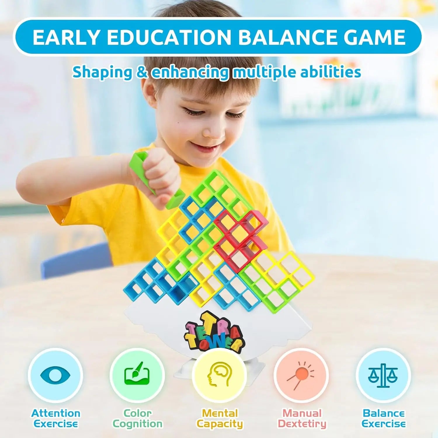 HKM-438419 64-Piece Tetra Tower Balance Stacking Blocks Game for Family Fun and Travel