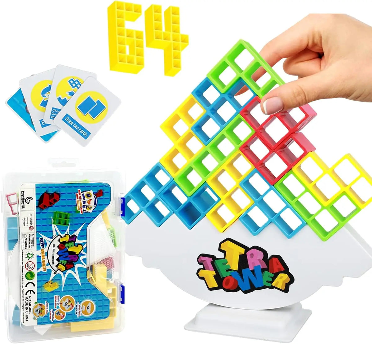 HKM-438419 64-Piece Tetra Tower Balance Stacking Blocks Game for Family Fun and Travel