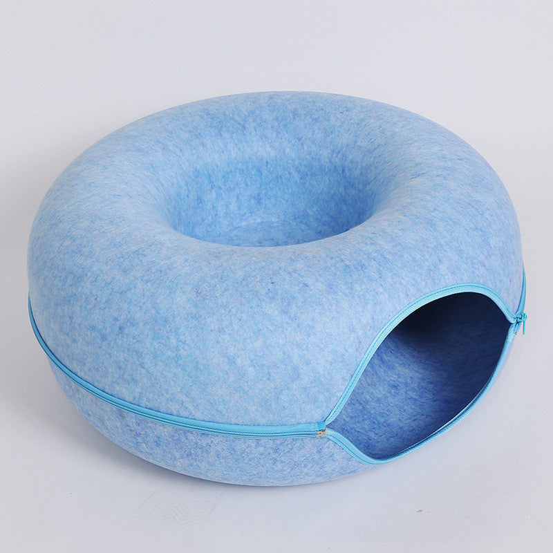 HKM-4385469 Dual-Use Round Woolen Felt Cat Nest and Tunnel - Removable & Washable Interactive Training Toy in Grey