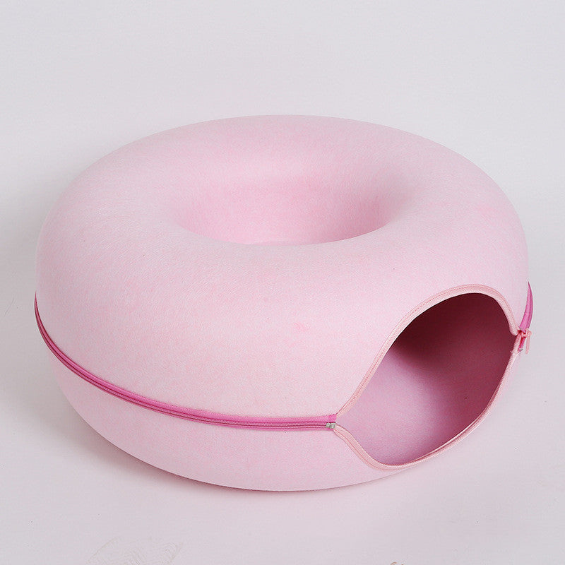 HKM-4385469 Dual-Use Round Woolen Felt Cat Nest and Tunnel - Removable & Washable Interactive Training Toy in Grey