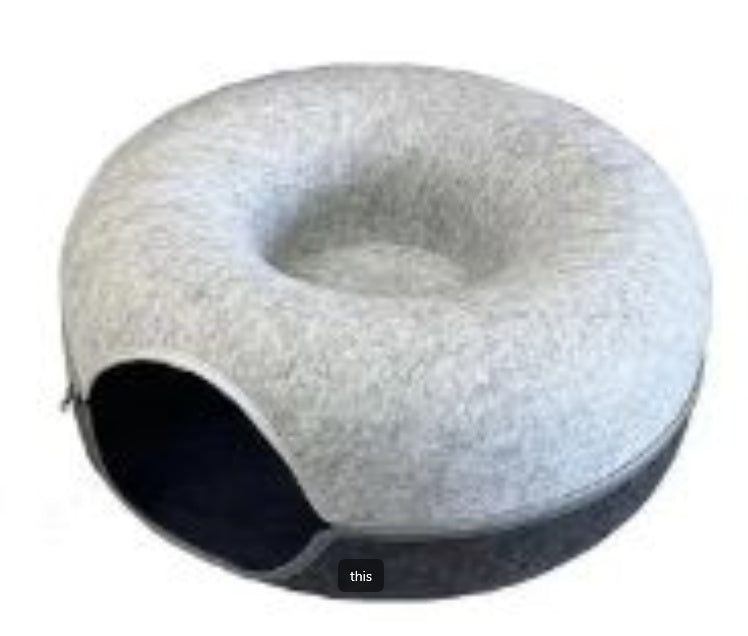 HKM-4385469 Dual-Use Round Woolen Felt Cat Nest and Tunnel - Removable & Washable Interactive Training Toy in Grey