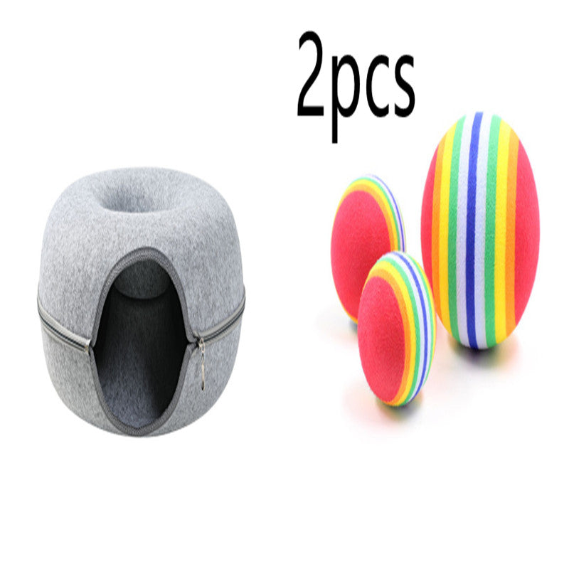 HKM-4385469 Dual-Use Round Woolen Felt Cat Nest and Tunnel - Removable & Washable Interactive Training Toy in Grey