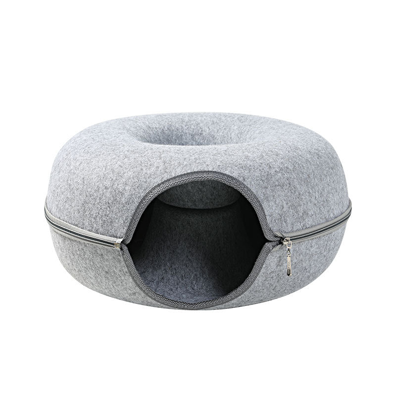 HKM-4385469 Dual-Use Round Woolen Felt Cat Nest and Tunnel - Removable & Washable Interactive Training Toy in Grey