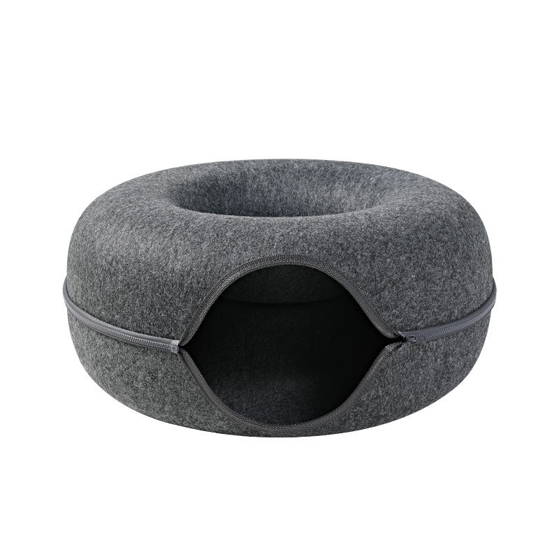 HKM-4385469 Dual-Use Round Woolen Felt Cat Nest and Tunnel - Removable & Washable Interactive Training Toy in Grey