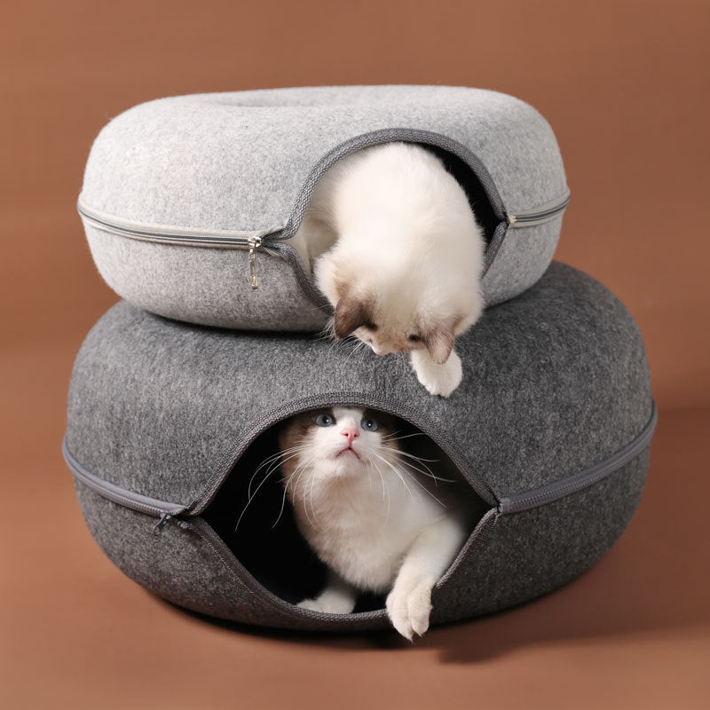 HKM-4385469 Dual-Use Round Woolen Felt Cat Nest and Tunnel - Removable & Washable Interactive Training Toy in Grey
