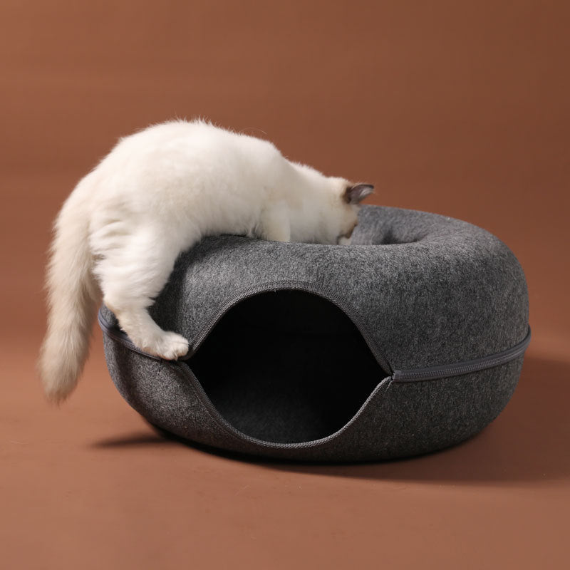HKM-4385469 Dual-Use Round Woolen Felt Cat Nest and Tunnel - Removable & Washable Interactive Training Toy in Grey