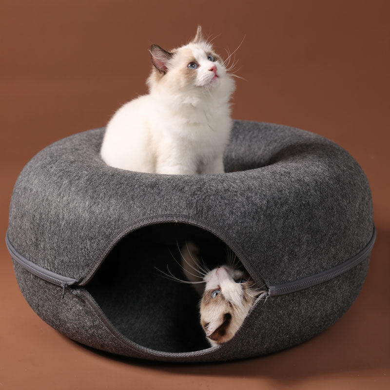 HKM-4385469 Dual-Use Round Woolen Felt Cat Nest and Tunnel - Removable & Washable Interactive Training Toy in Grey