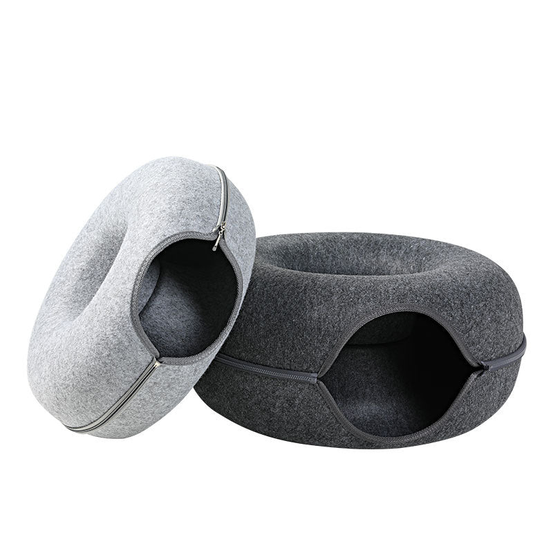 HKM-4385469 Dual-Use Round Woolen Felt Cat Nest and Tunnel - Removable & Washable Interactive Training Toy in Grey