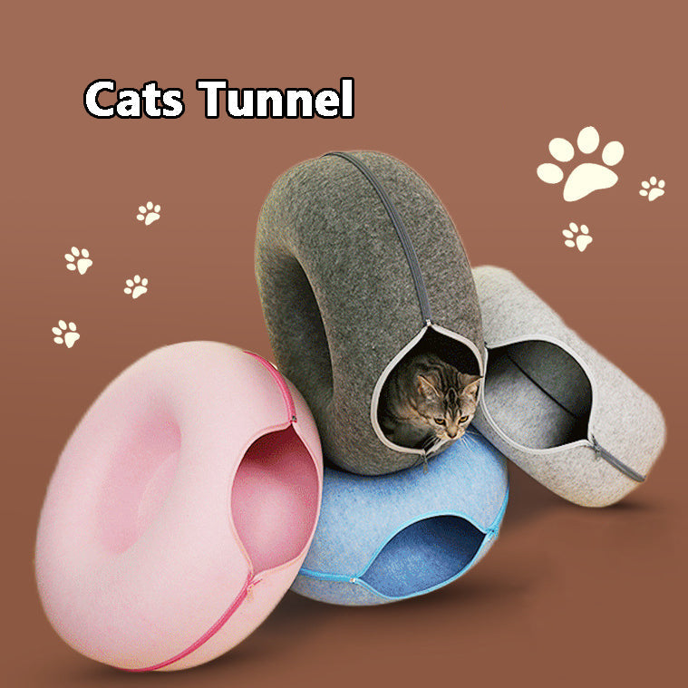 HKM-4385469 Dual-Use Round Woolen Felt Cat Nest and Tunnel - Removable & Washable Interactive Training Toy in Grey