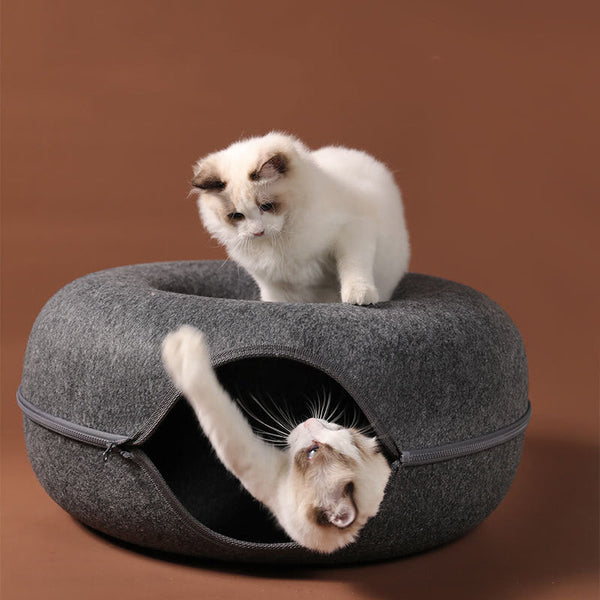 HKM-4385469 Dual-Use Round Woolen Felt Cat Nest and Tunnel - Removable & Washable Interactive Training Toy in Grey