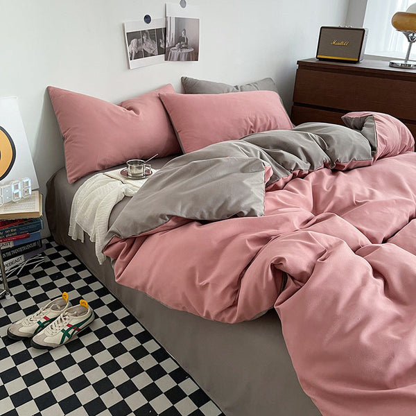 HKM-438611 Washed Cotton Colorblock Fitted Sheet Bedding Set in Multiple Sizes