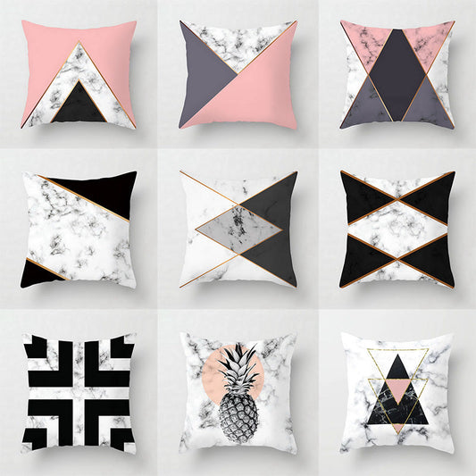HKM-438675 Nordic Pink Geometric Abstract Decorative Pillowcase with Marble Pattern and Floral Design - 45cm x 45cm