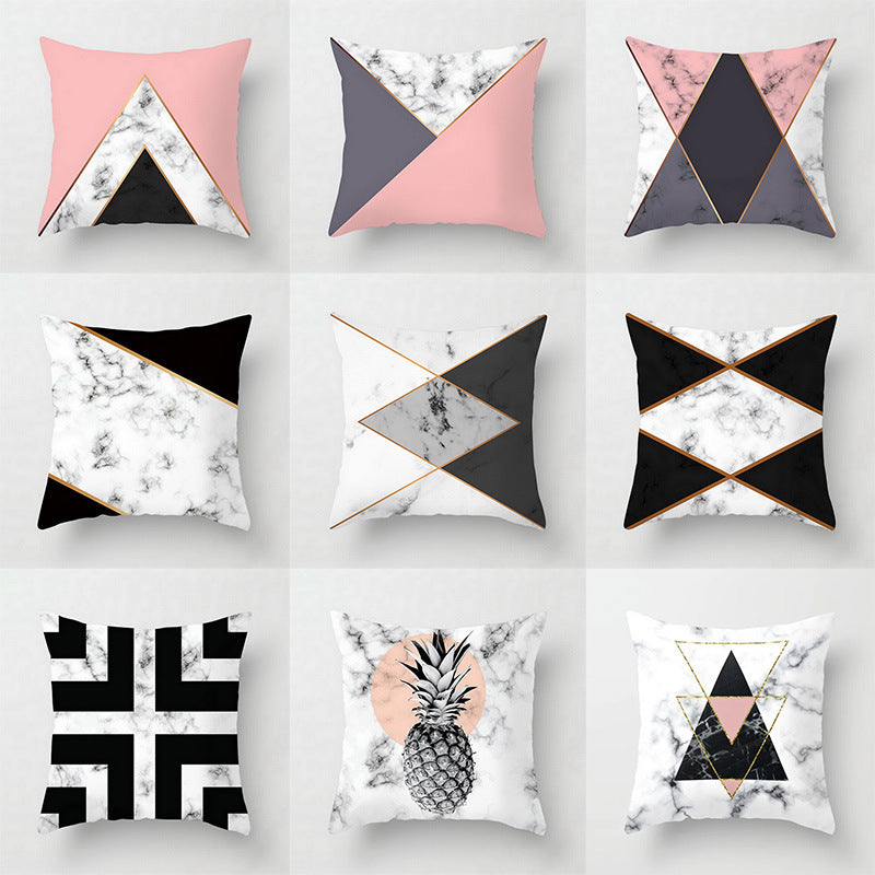 HKM-438675 Nordic Pink Geometric Abstract Decorative Pillowcase with Marble Pattern and Floral Design - 45cm x 45cm