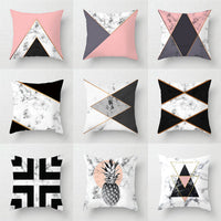 HKM-438675 Nordic Pink Geometric Abstract Decorative Pillowcase with Marble Pattern and Floral Design - 45cm x 45cm