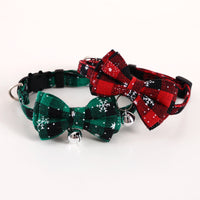 HKM-4388157 Adjustable Double-Layer Bow Snowflake Plaid Collar for Dogs and Cats with Bell, Holiday Accessory