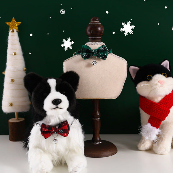 HKM-4388157 Adjustable Double-Layer Bow Snowflake Plaid Collar for Dogs and Cats with Bell, Holiday Accessory