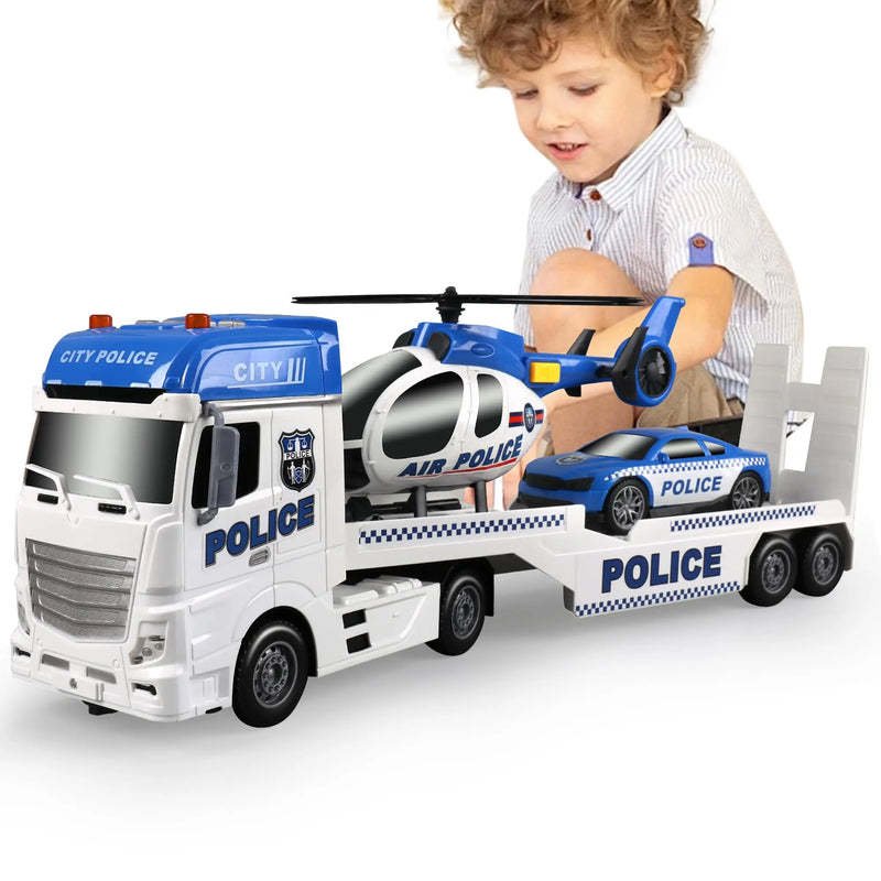 HKM-438931 Multi-Functional Semi Truck with Racing Car and Helicopter Toys for Kids