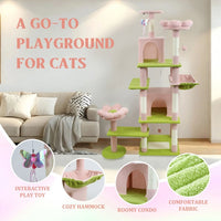 HKM-4389437 71-Inch Pink Flower Cat Tree with Spacious Condo, Removable Cushion, and Cozy Hammock