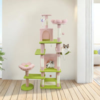 HKM-4389437 71-Inch Pink Flower Cat Tree with Spacious Condo, Removable Cushion, and Cozy Hammock