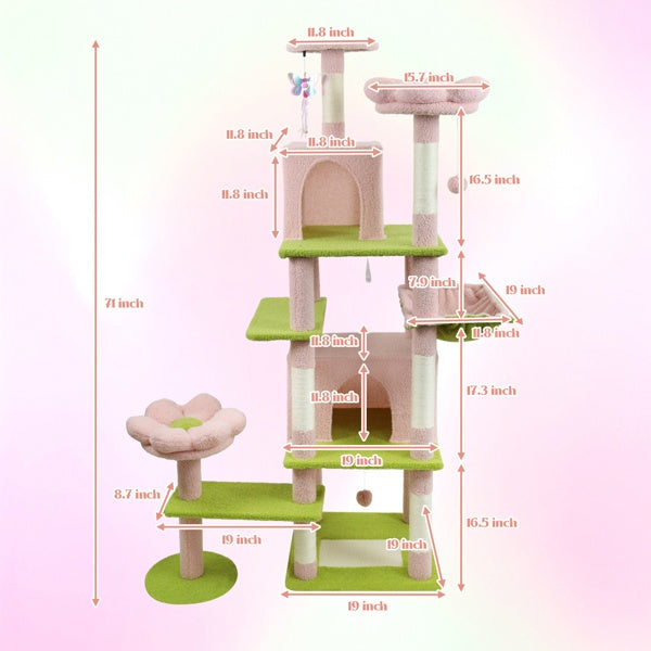 HKM-4389437 71-Inch Pink Flower Cat Tree with Spacious Condo, Removable Cushion, and Cozy Hammock