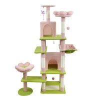HKM-4389437 71-Inch Pink Flower Cat Tree with Spacious Condo, Removable Cushion, and Cozy Hammock