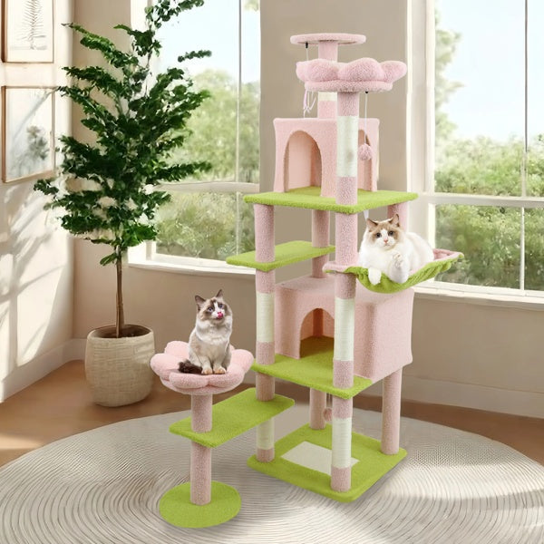 HKM-4389437 71-Inch Pink Flower Cat Tree with Spacious Condo, Removable Cushion, and Cozy Hammock