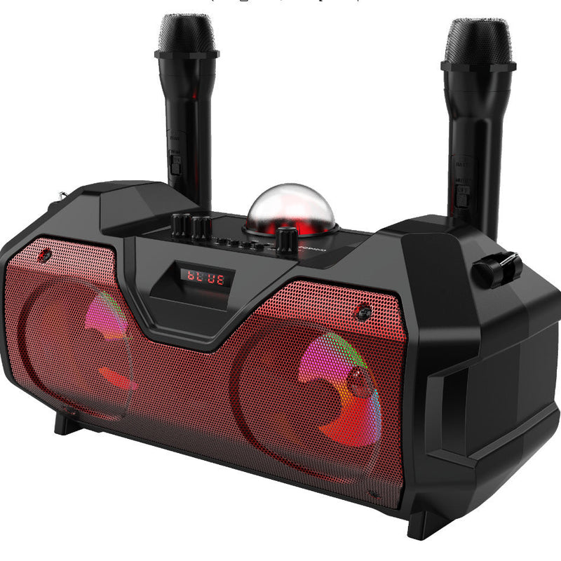 HKM-438995 Portable Dual Microphone Bluetooth Speaker with Colorful Lights and Display Screen for Home and Outdoor Use