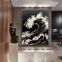 HKM-439379 Large Contemporary Hand-painted Black and White Sea Waves Abstract Oil Painting on Canvas - Unframed, Various Sizes