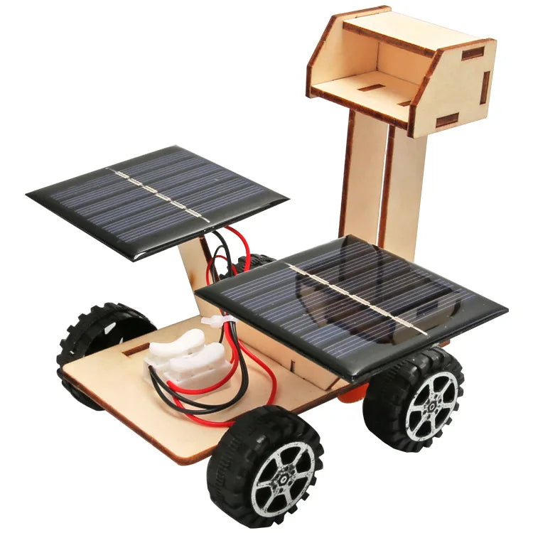 HKM-439571 Handmade Solar-Powered Wooden Lunar Rover Space Model DIY Educational Toy for Children