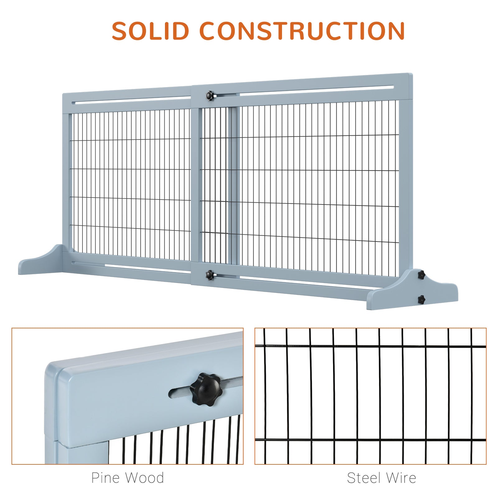 HKM-4397373 Extra Wide Freestanding Pet Gate - Adjustable Length 41" to 72", Durable Pine Wood and Steel, Ideal for Small to Medium Dogs