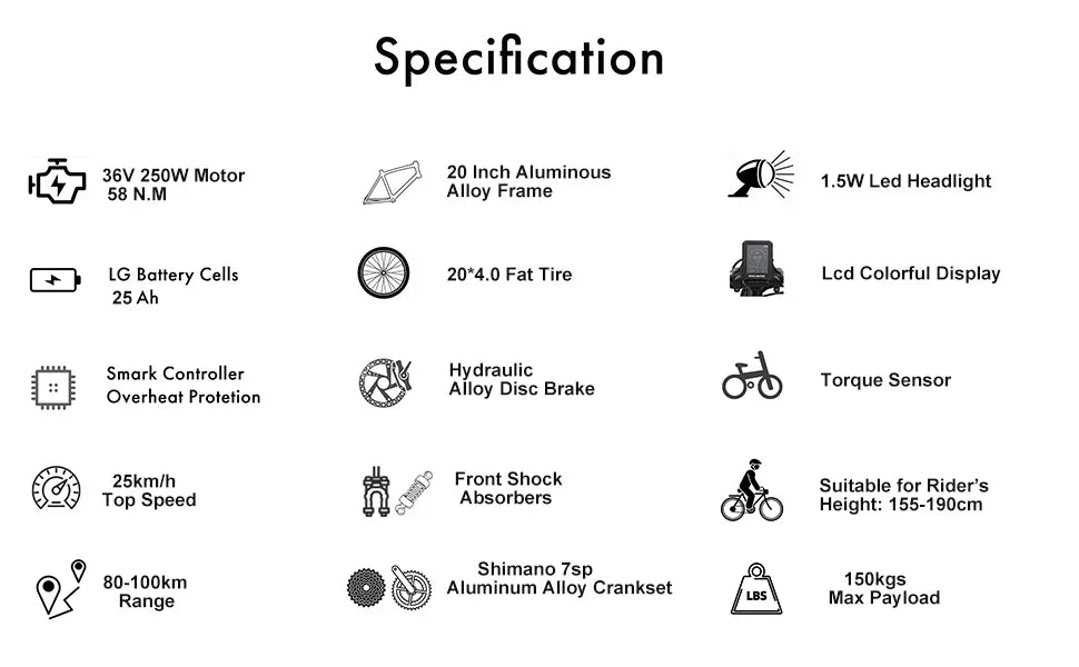 HKM-439763 Electric Fat Tire City Bike, 20 Inch, 250W Rear Hub Motor, 7-Speed, 48V Lithium Battery, Hydraulic Disc Brake, Eco-Friendly